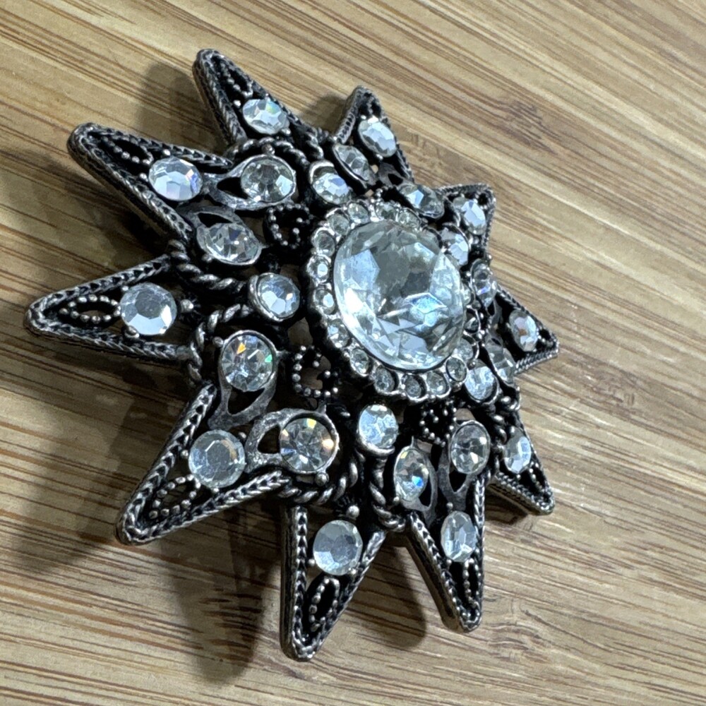Vintage Rhinestone Starburst Brooch Large Silver Tone Celestial Statement Pin